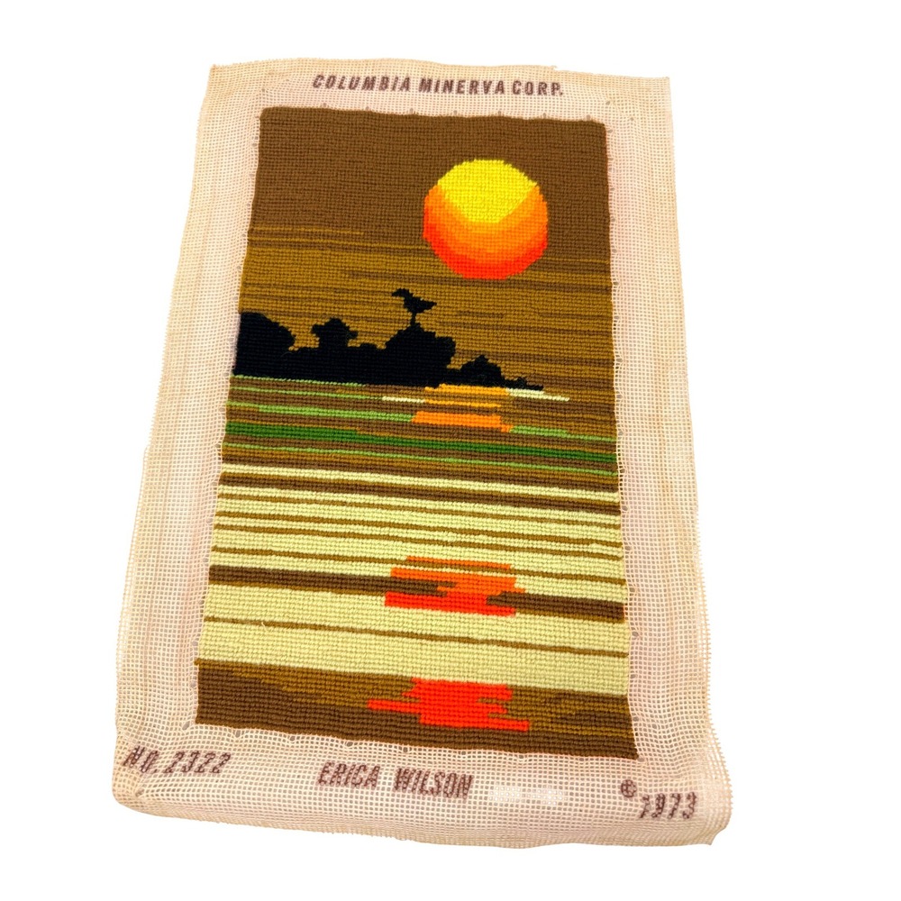 Vintage 1973 Erica Wilson Columbia Minerva Sunset Needlepoint Tapestry Finished